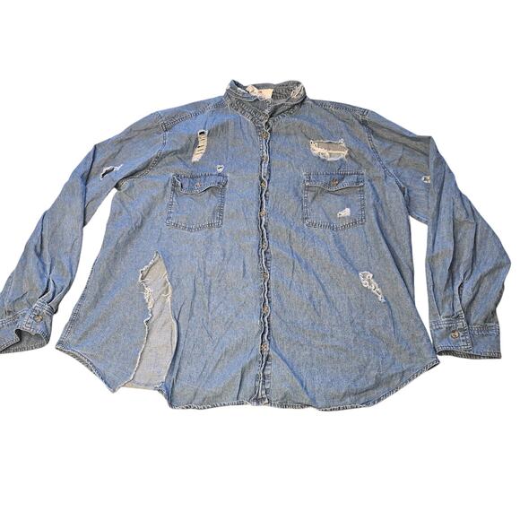Boho Jane Denim Shirt Womens Large Blue Distressed Blame My Gypsy Soul Patch - Picture 2 of 10